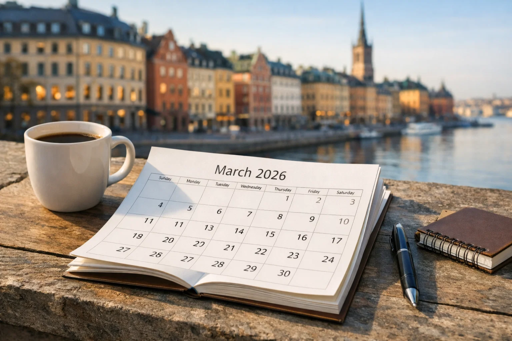 Helgdagar i mars 2026 i Sverige: Inga röda dagar – Full kapacitet för skolor, myndigheter och näringsliv i Stockholm