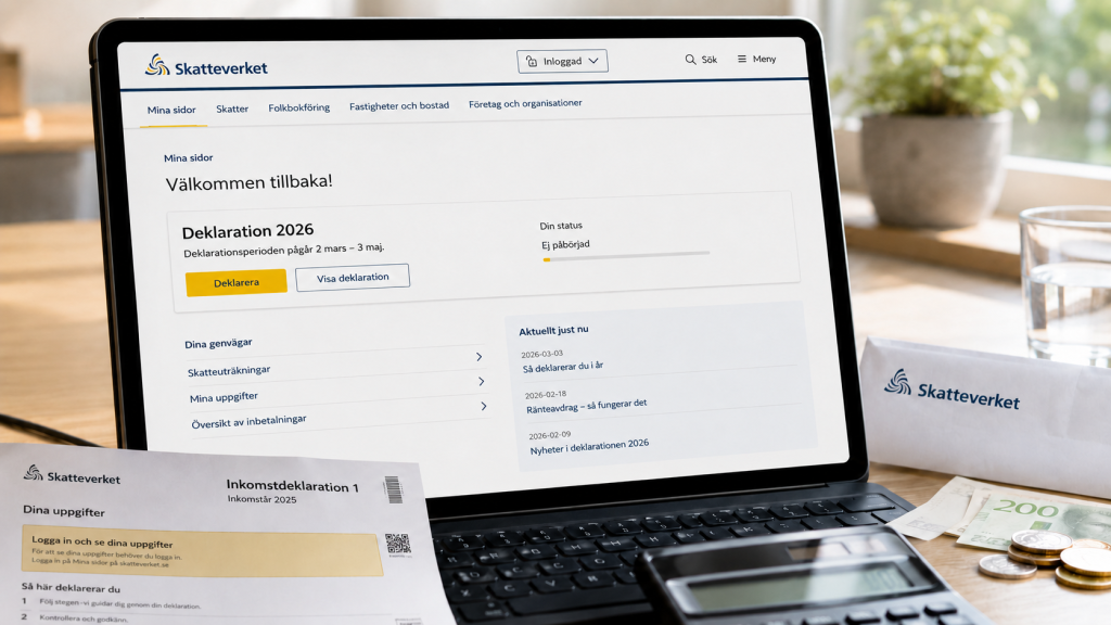 Skatteverket är navet i svensk privatekonomi. Här går vi igenom hur du deklarerar 2026, vilka skatter som gäller, hur ROT/RUT, moms och F-skatt fungerar samt alla viktigaste e-tjänster på Mina sidor.