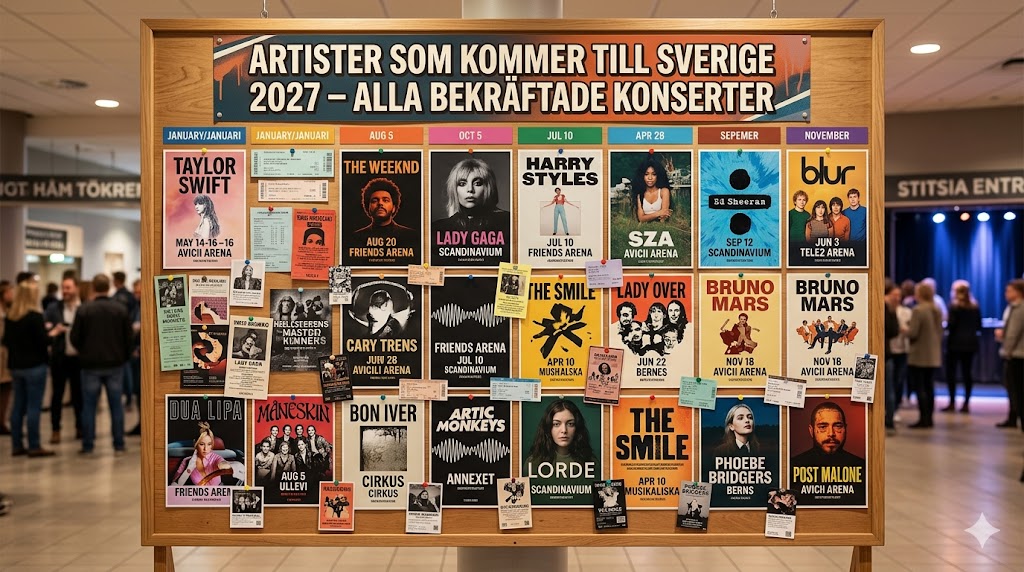 Artister som kommer till Sverige 2027 – alla bekräftade konserter, datum och biljetter Artister som kommer till Sverige 2027: här är bekräftade konserter i Stockholm, Göteborg, Malmö, Linköping och Halmstad med datum, arenor, biljetter och viktiga publikregler.