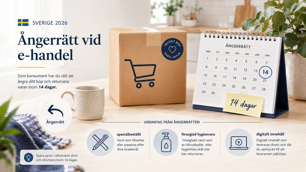 Ångerrätt vid e-handel 2026 – så fungerar 14 dagar, returer och alla viktiga undantag