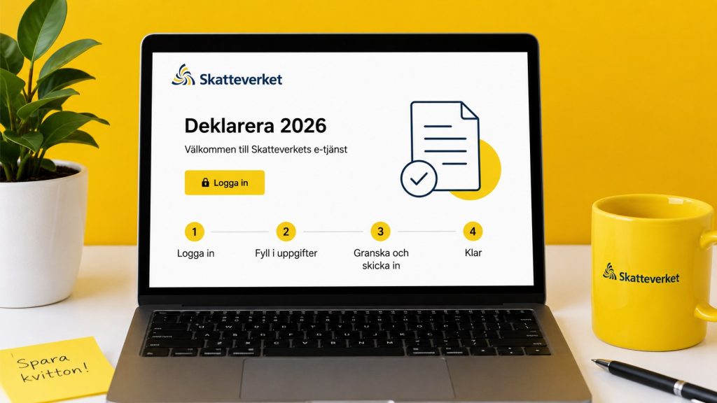 En komplett walkthrough av Skatteverkets e-tjänst för deklarationen 2026: inloggning, granska poster, lägga till avdrag och skicka in före deadline.