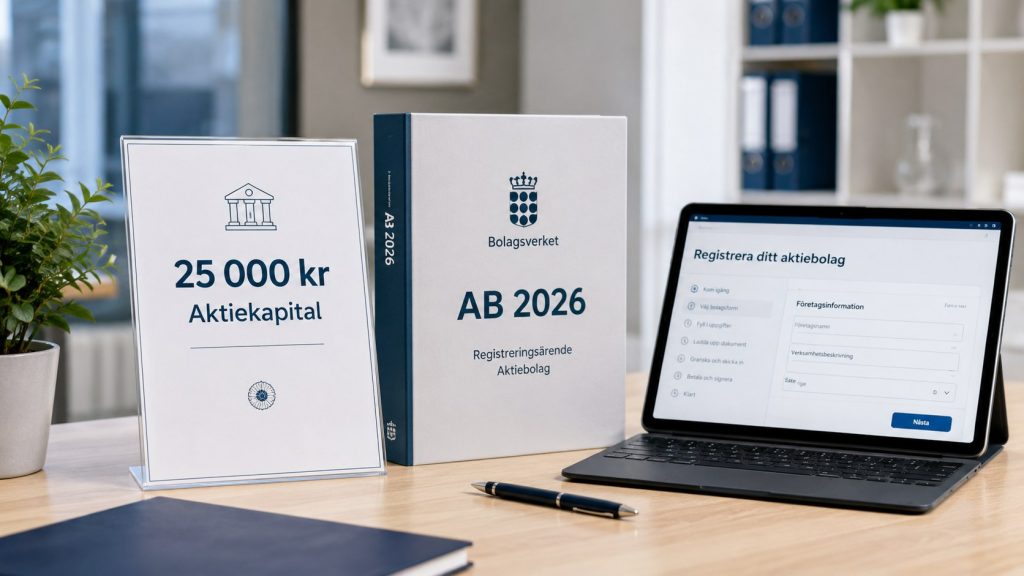Registrera AB 2026: så fungerar Bolagsverket, kravet på 25 000 kr i aktiekapital, avgifter, bankintyg, verklig huvudman, F-skatt och moms. Se stegen för att starta aktiebolag rätt från början idag!