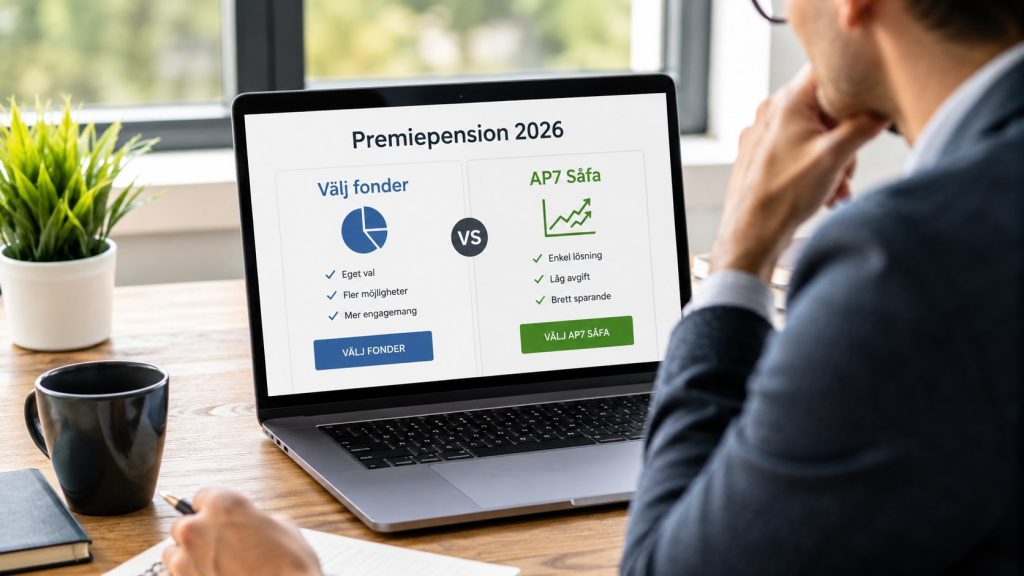 Premiepension 2026 – välj egna fonder eller AP7 Såfa: risk, avgift och valet som avgör din pension Premiepensionen är den enda del du själv kan styra över. Vi förklarar 2026 hur du väljer mellan AP7 Såfa och fondtorget.