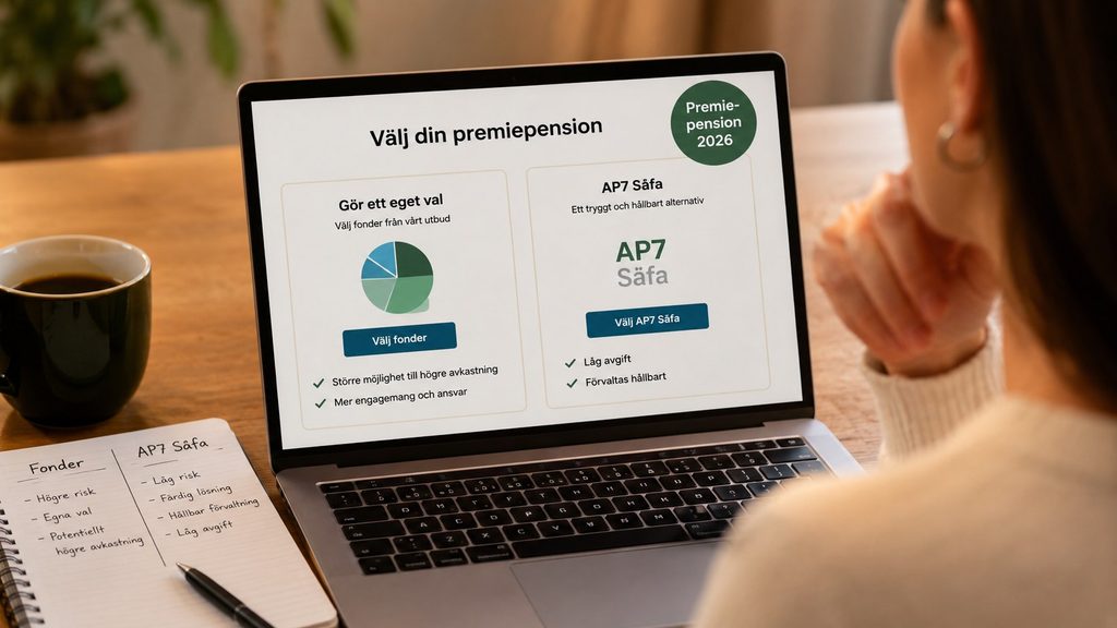 Premiepension 2026 – välj egna fonder eller AP7 Såfa: risk, avgift och valet som avgör din pension