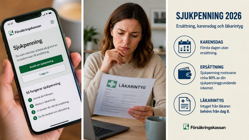 Sjukpenning 2026 i Sverige – så mycket får du, när karensen gäller och när intyg krävs