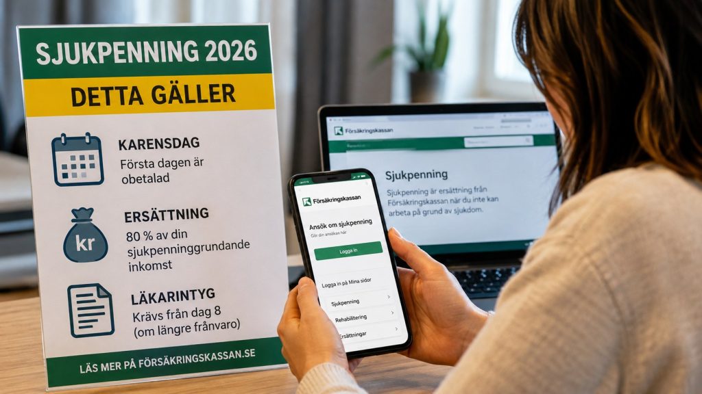 Sjuk längre än 14 dagar? Då tar Försäkringskassan över med sjukpenning. Vi förklarar regler 2026, läkarintyg och beräkning.