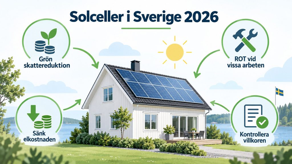 Solceller i Sverige 2026 – grönt skatteavdrag, ROT och nya regler som påverkar villaägarens ekonomi