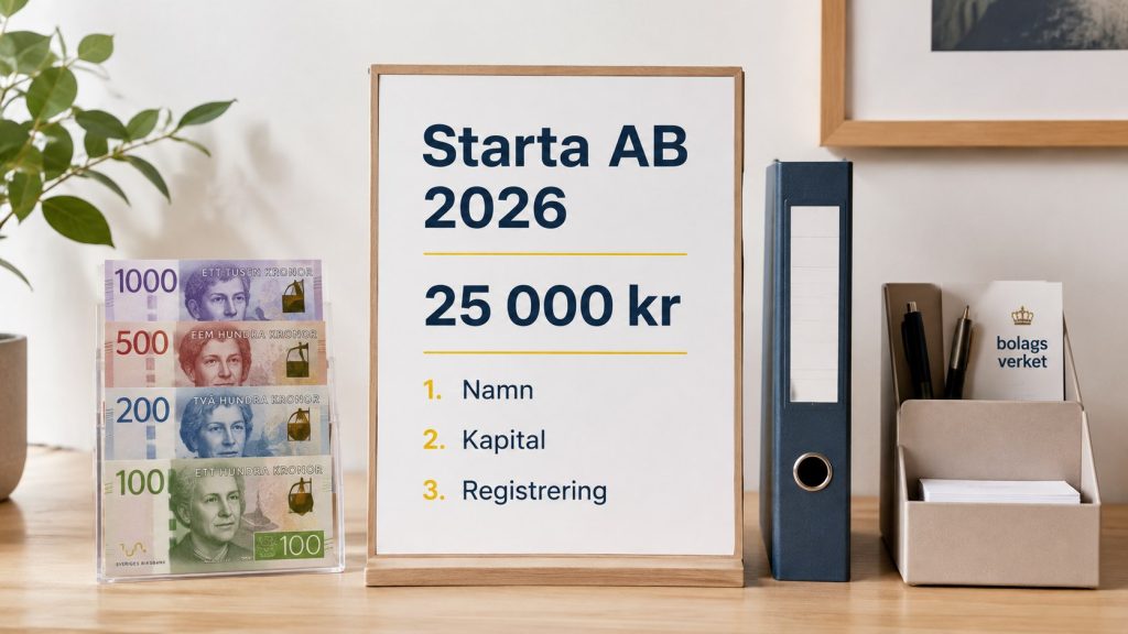 Starta aktiebolag 2026: så fungerar kravet på 25 000 kronor i aktiekapital Starta aktiebolag 2026 med minst 25 000 kr i aktiekapital. Se kostnader, krav på bankintyg, registrering, F-skatt, moms, styrelse och dokument som krävs innan verksamheten kan börja.