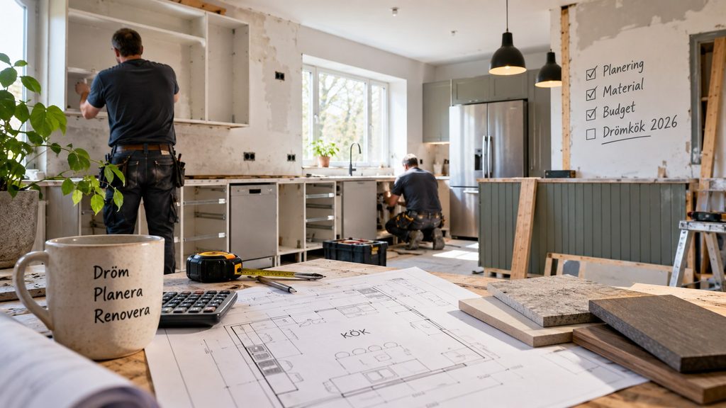 Köksrenovering 2026: kostnad, ROT-avdrag, budget och planering steg för steg
