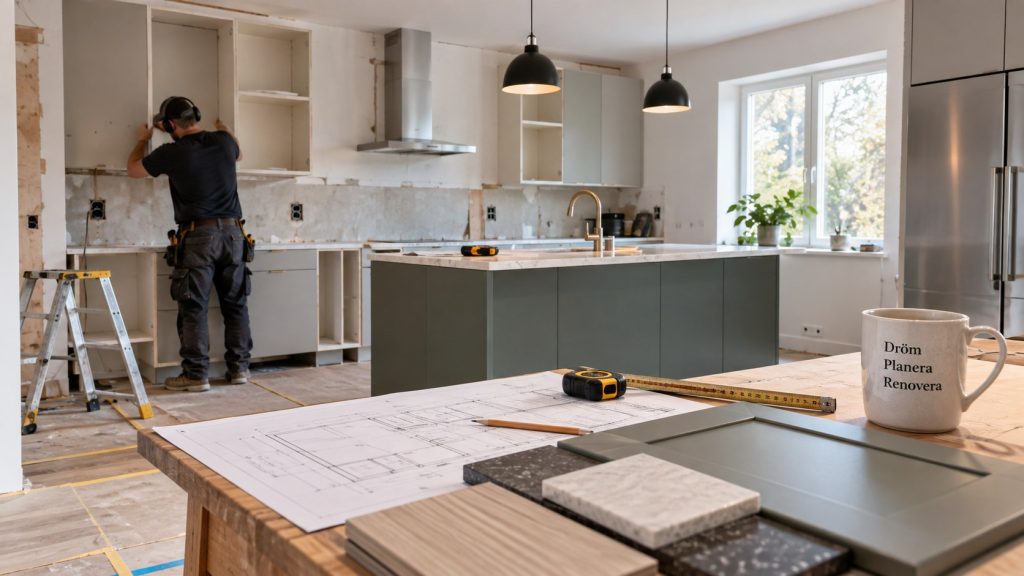 Köksrenovering 2026: se aktuella kostnader, ROT-avdrag, budget, regler för el och VVS samt hur du planerar arbetet och undviker dyra misstag under renoveringen.