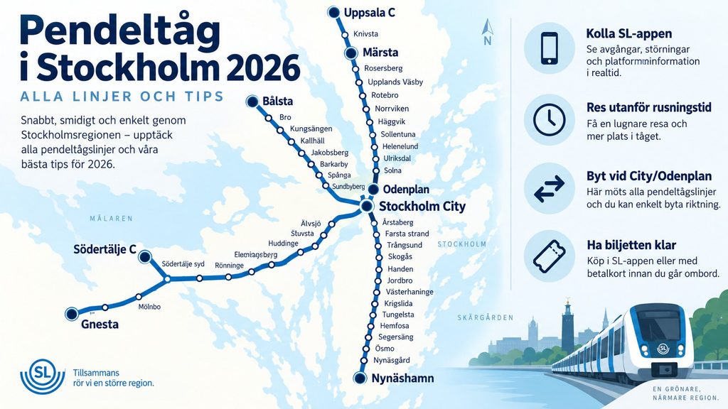 Pendeltåg i Stockholm 2026: alla linjer, priser, Arlanda och viktiga restips