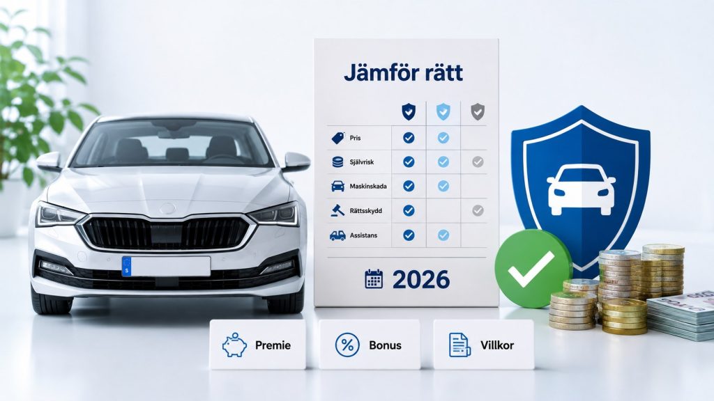 Spara pengar på bilförsäkring 2026: jämför premie, självrisk och skydd, kontrollera vagnskadegarantin och byt vid rätt tidpunkt. Se checklistan innan du väljer bilförsäkring.